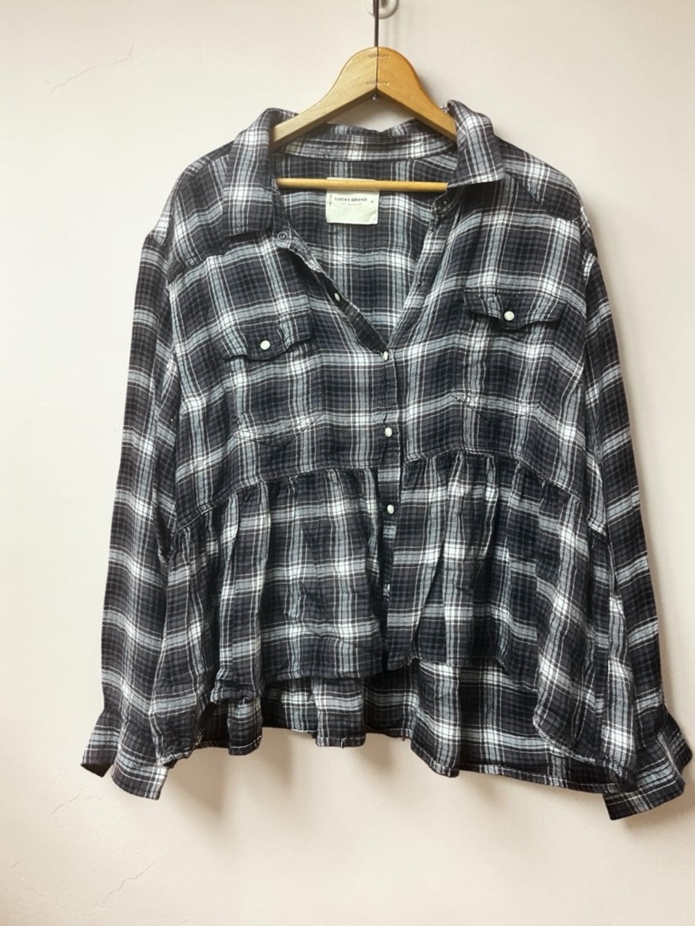 LUCKY BRAND Gray Black Western Pearl Snap Buttons Plaid Peplum Top Sz XL
